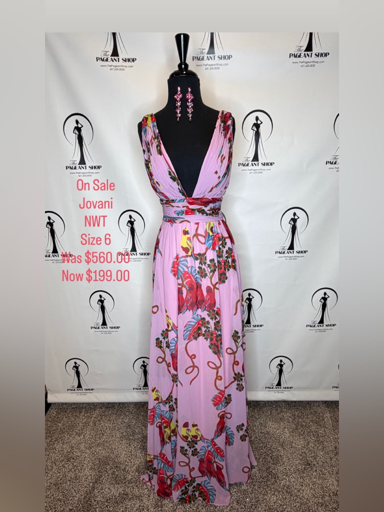 Jovani Pink Floral Print V-Neck Maxi Dress